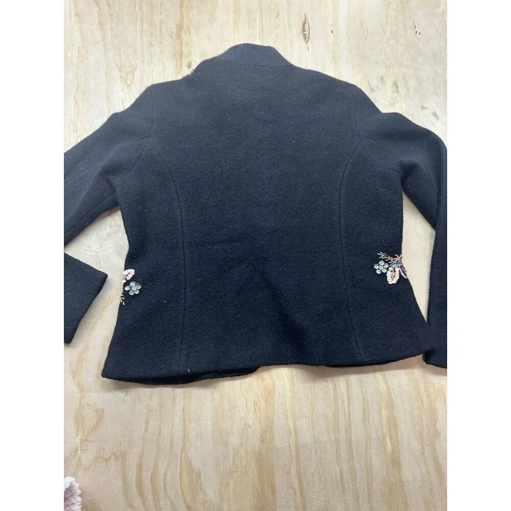 Bloomingdale’s Wool Blazer Coat Sequins Beads 12 Petite Lined Floral‎ Black VTG